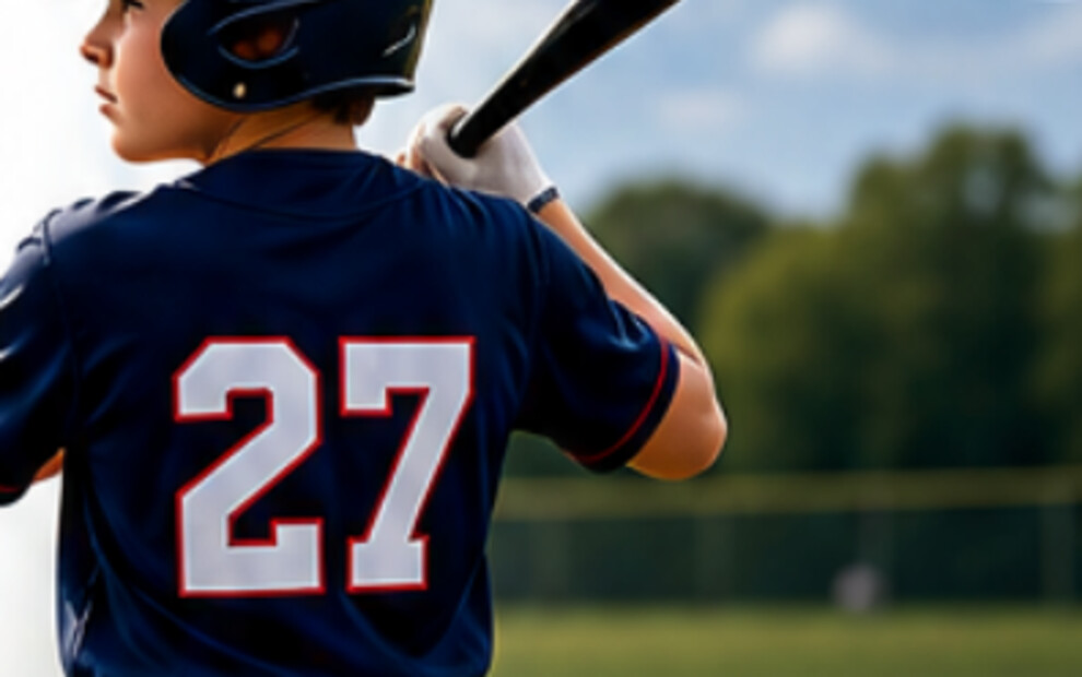 A young Roanoke Baseball League player in a navy number 27 jersey waiting on a pitch.